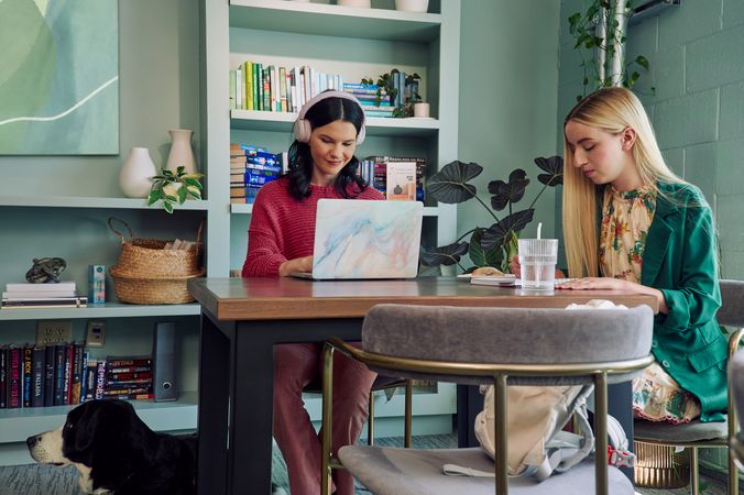 A young pale white blind woman and a young white woman with partially paralyzed arms and hands are coworking at a table in a modern coworking office space. The blind woman types on a computer while the woman with partially paralyzed arms and hands writes in a notebook. A glass of water with a straw in it is nearby. The woman with partially paralyzed arms and hands has long straight blonde hair and is wearing a floral dress and green blazer. The blind woman has shiny black hair styled in waves and is wearing a chunky knitted pink sweater and dusky pink pants. Her black and white guide dog is near her feet. The coworking office space is painted a warm mint green and features a large bookcase with several books, plants, clay vases, and a large abstract art piece.